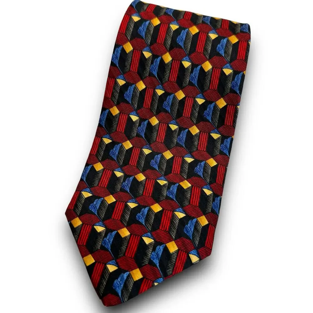 Robert Talbott 100% Silk Necktie Geometric Print Tie Maroon Gold Blue Black